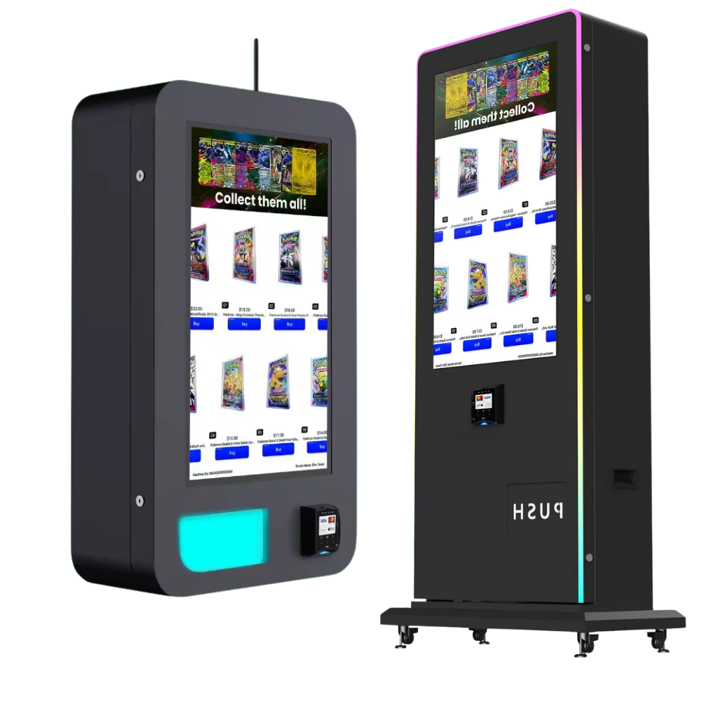 A sleek Atheon trading card vending machine with blue and yellow accent lighting, stocked with sealed packs and graded cards.